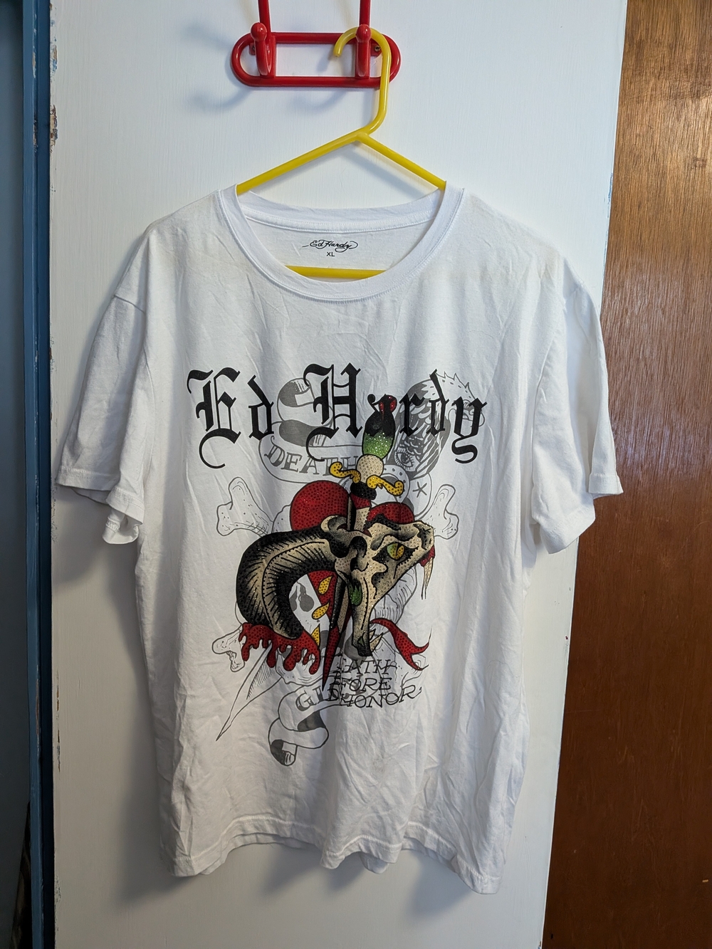 Ed Hardy Dagger Snake Throwback Rhinestone Tee Rhinestone Graphic Tee White XL